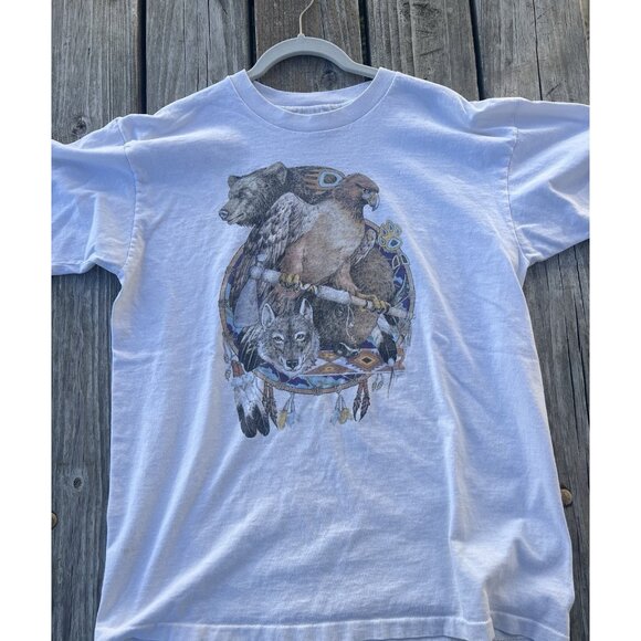 Vintage 90s Anvil single stitch white Native American Tribal Wolves tshirt L - Picture 8 of 10